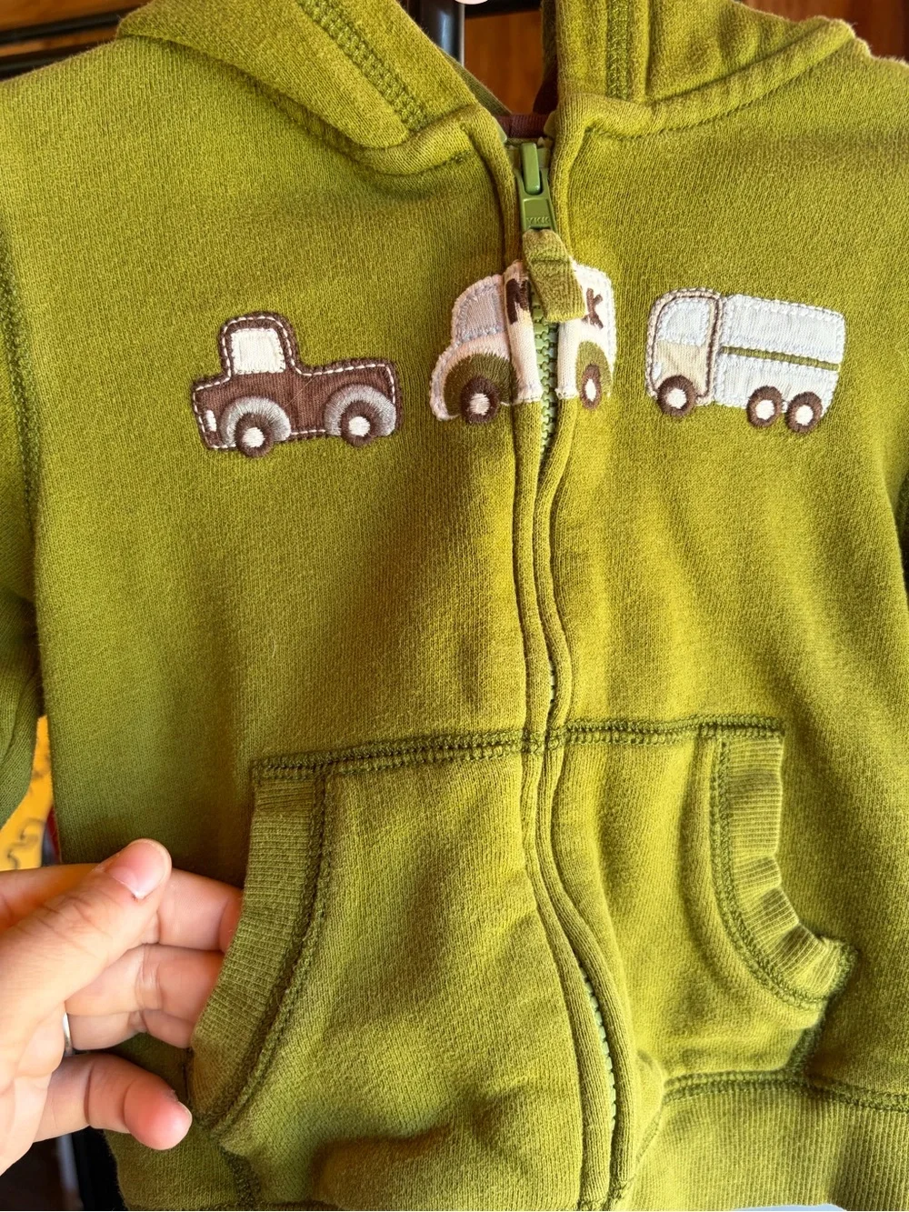 Gymboree Olive Green Hooded Zip Sweatshirt with Embroidered Truck Appliqués